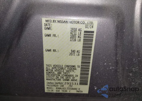 2014 Nissan Altima 2.5 S z USA, uszkodzony, nr VIN 1N4AL3AP6EC295531
